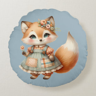 Whimsical Cottagecore Floral Pastel Fox Round Cushion
