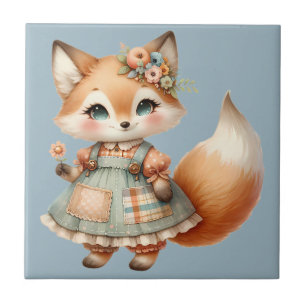 Whimsical Cottagecore Floral Pastel Fox Tile