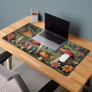 Whimsical Cottagecore Mushrooms and Wildflowers Desk Mat