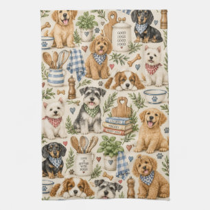 Whimsical Country Kitchen Dog Pattern Tea Towel