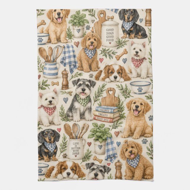 Whimsical Country Kitchen Dog Pattern Tea Towel (Vertical)