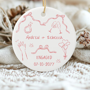 Whimsical couple engaged handdrawn doodle keepsake ceramic tree decoration
