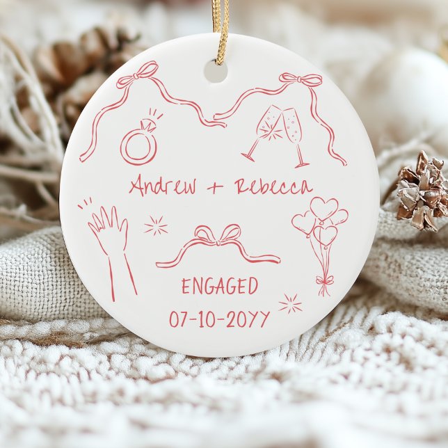 Whimsical couple engaged handdrawn doodle keepsake ceramic tree decoration (Creator Uploaded)