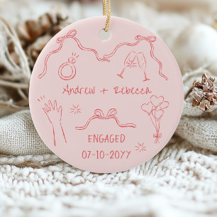 Whimsical couple engaged handdrawn doodle keepsake ceramic tree decoration