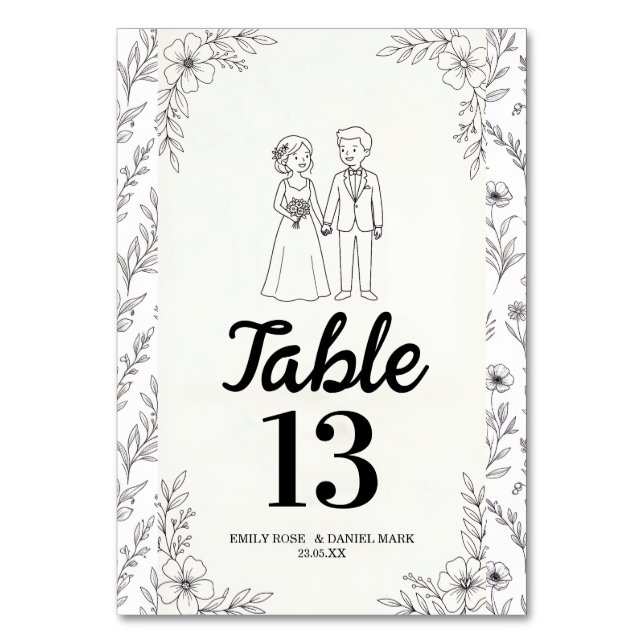 Whimsical Couple Illustration Wedding Table Number (Front)