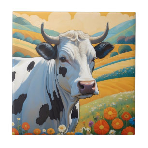 Whimsical Cow Colourful Vibrant Hills Tile
