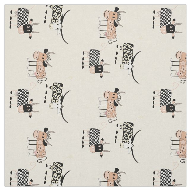Whimsical Cow Pattern on Beige Fabric (Swatch)
