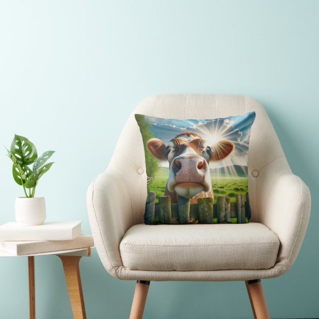 Whimsical Cow Peering Over Fence Cushion (Chair)