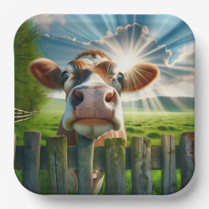 Whimsical Cow Peering Over Fence Paper Plate