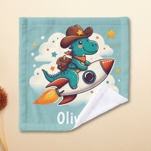 Whimsical Cowboy Dinosaur Riding Space Rocket  Wash Cloth
