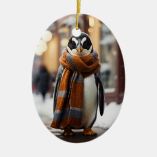 Whimsical Cozy Penguin Snowy Winter Ceramic Tree Decoration