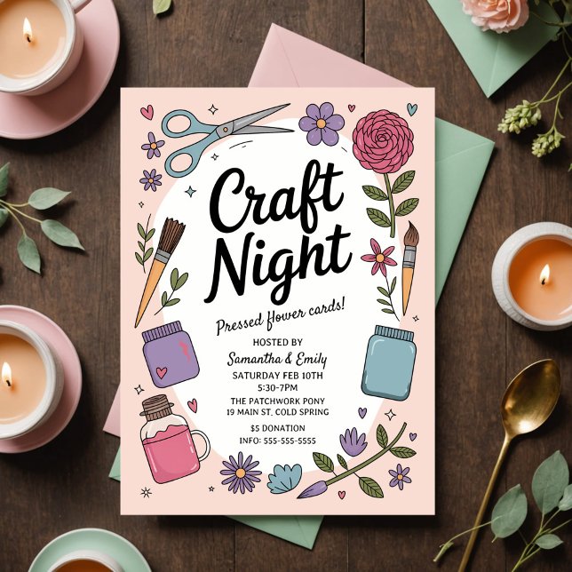 Whimsical Craft Night Fun Scissors Paint Flowers Postcard (Charming pastel craft night invitation with whimsical design for a fun, creative gathering.)