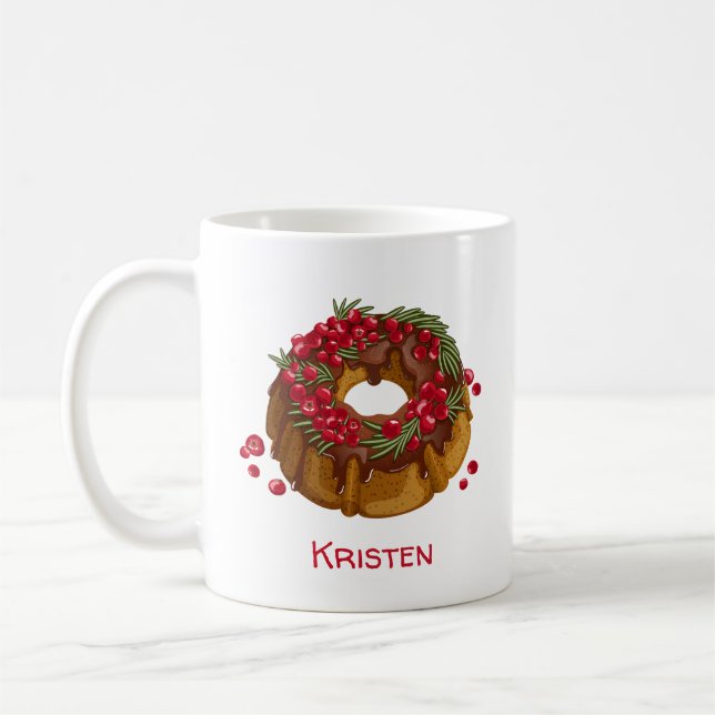 Whimsical Cranberry Bundt Cake Monogram Coffee Mug (Left)
