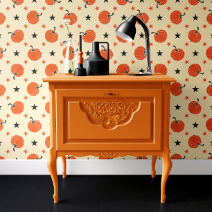 Whimsical Cream & Orange Pumpkin Stars Halloween Wallpaper