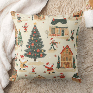 Whimsical Cream Snowy Christmas Santa Village Cushion