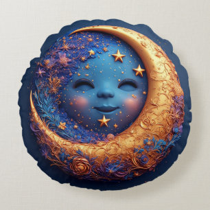Whimsical Crescent Moon with a Smiling Face Round Cushion