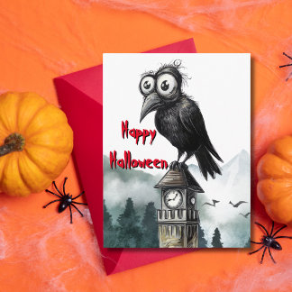 Whimsical Crow Clock Tower Funny Halloween Postcard
