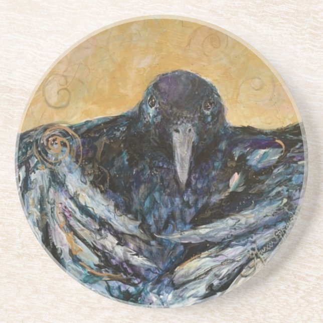 Whimsical Crow Feathers Messenger Maureen Girard Coaster (Front)