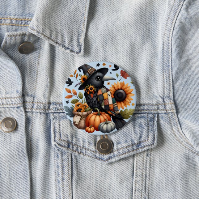 Whimsical Crow with Pumpkins and Sunflowers 7.5 Cm Round Badge (In Situ)