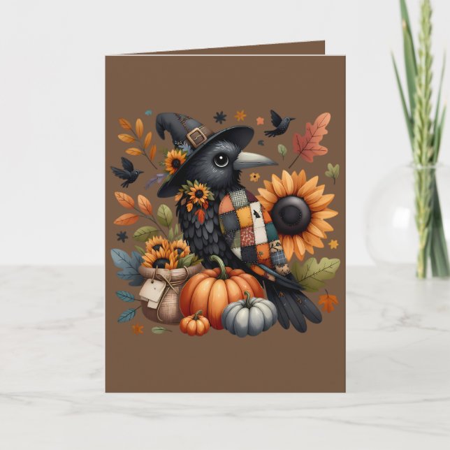 Whimsical Crow with Pumpkins and Sunflowers Card (Front)