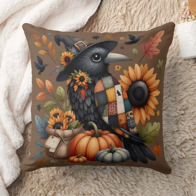 Whimsical Crow with Pumpkins and Sunflowers Cushion (Blanket)