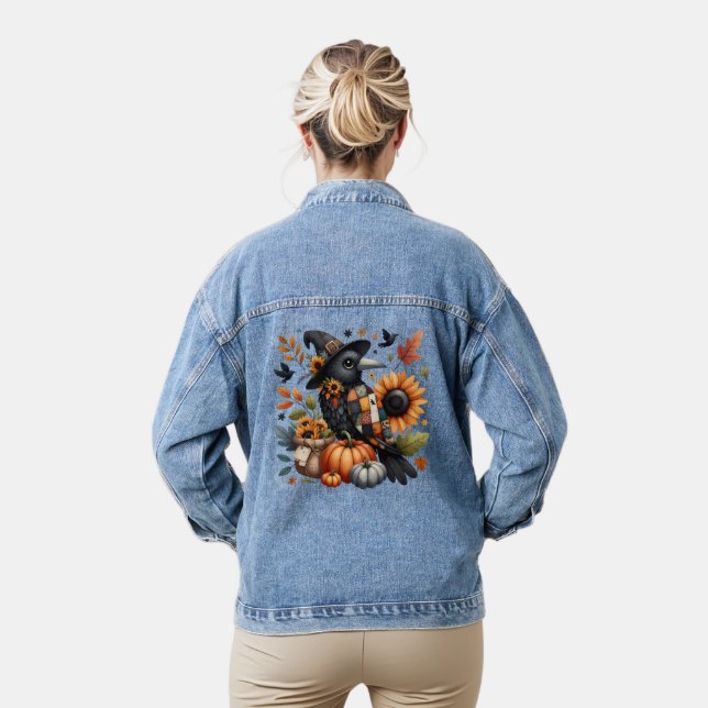 Whimsical Crow with Pumpkins and Sunflowers Denim Jacket (Model)
