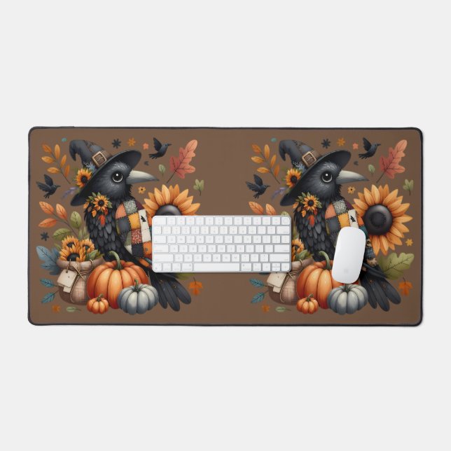 Whimsical Crow with Pumpkins and Sunflowers Desk Mat (Keyboard & Mouse)