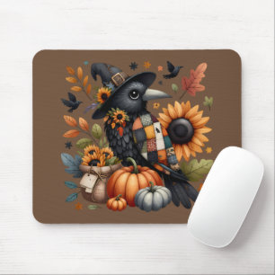 Whimsical Crow with Pumpkins and Sunflowers Mouse Pad