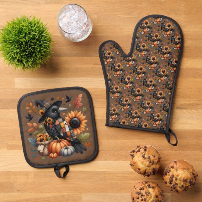 Whimsical Crow with Pumpkins and Sunflowers Oven Mitt & Pot Holder Set (Top Down)