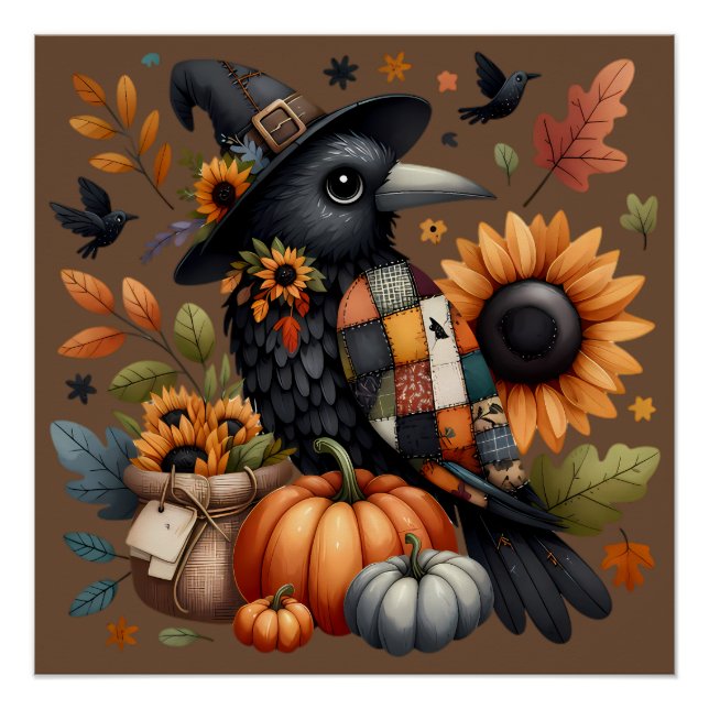 Whimsical Crow with Pumpkins and Sunflowers Poster (Front)