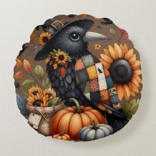 Whimsical Crow with Pumpkins and Sunflowers Round Cushion