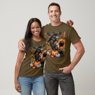 Whimsical Crow with Pumpkins and Sunflowers T-Shirt