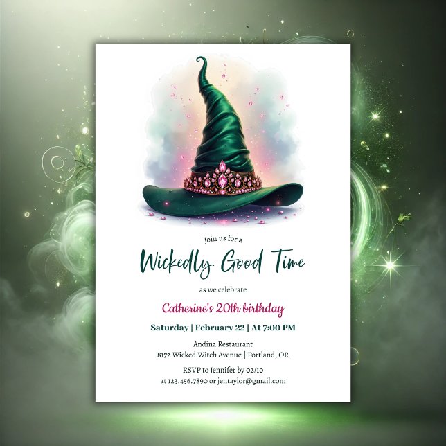 Whimsical Crown & Green Witch Hat Birthday Invitation (Whimsical Crown & Green Wicked Witch Hat Birthday Invitation)