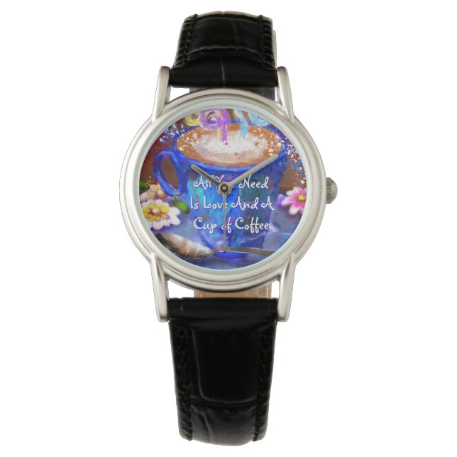 Whimsical Cup of Coffee Floral Personalised Watch (Front)