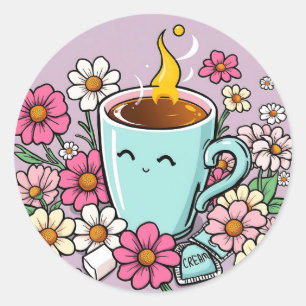 Whimsical Cup of Warm Coffee and Flowers Classic Round Sticker