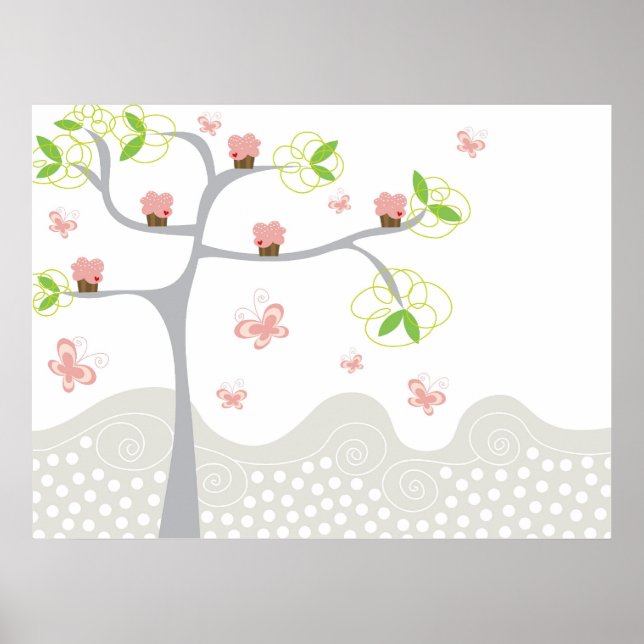 Whimsical Cupcakes Tree Butterflies Sweet Birthday Poster (Front)