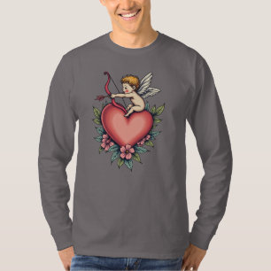 Whimsical Cupid Heart–Vintage Tattoo Design Sleeve T-Shirt
