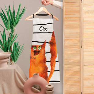 Whimsical Curious Cat on Stripes Pattern Apron