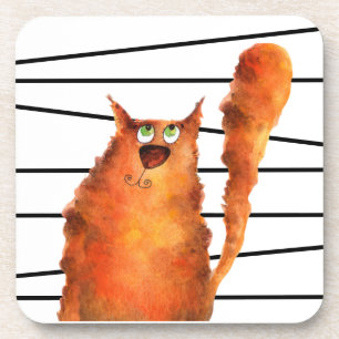 Whimsical Curious Cat on Stripes Pattern Coaster