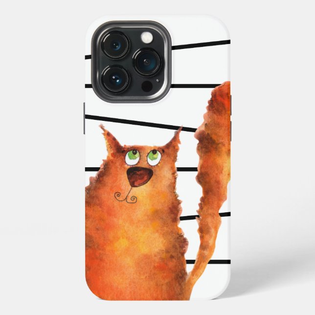 Whimsical Curious Cat on Stripes Pattern iPhone Case (Back)