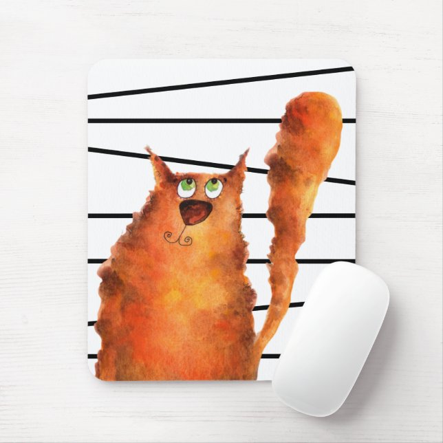 Whimsical Curious Cat on Stripes Pattern Mouse Pad (With Mouse)