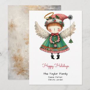 Whimsical Cute Angel Illustration Happy Holiday Card