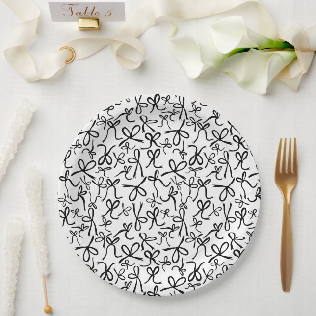 Whimsical Cute B&W Bows Pattern Bridal Shower Paper Plate (Wedding)