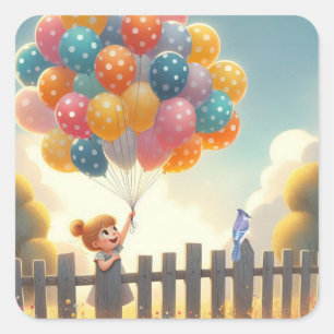 Whimsical/cute balloon girl art square sticker