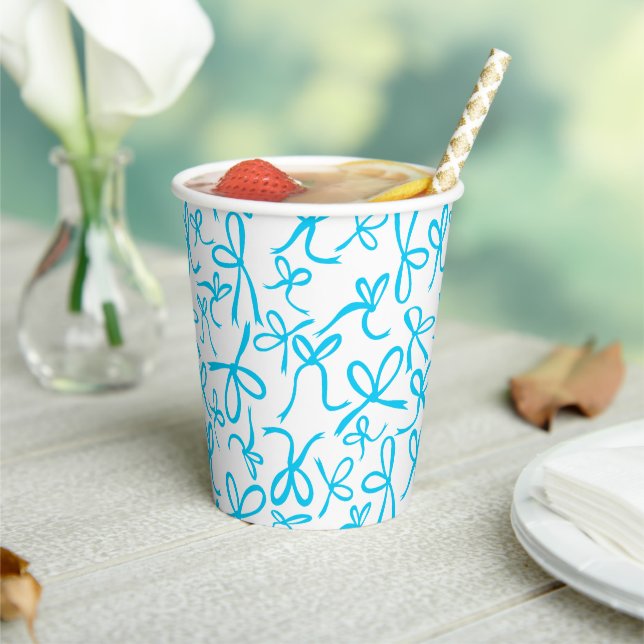 Whimsical Cute Blue Bows Pattern Baby Shower Paper Cups (Insitu)