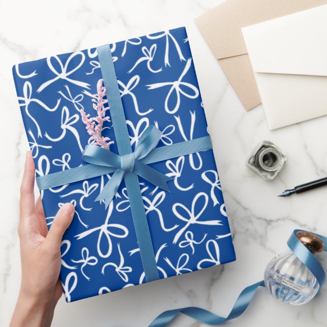Whimsical Cute Blue White Bows Pattern Hanukkah Wrapping Paper (Gifting)