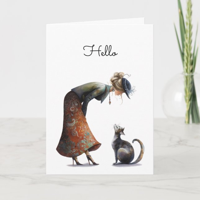 Whimsical Cute Cat and Lady Hello Greeting Card (Front)