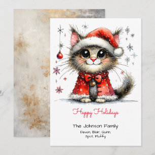 Whimsical Cute Cat in a Santa Hat Red Happy Holiday Card