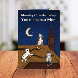 Whimsical Cute Cat Meowing Rooftops Mothers Day  Card