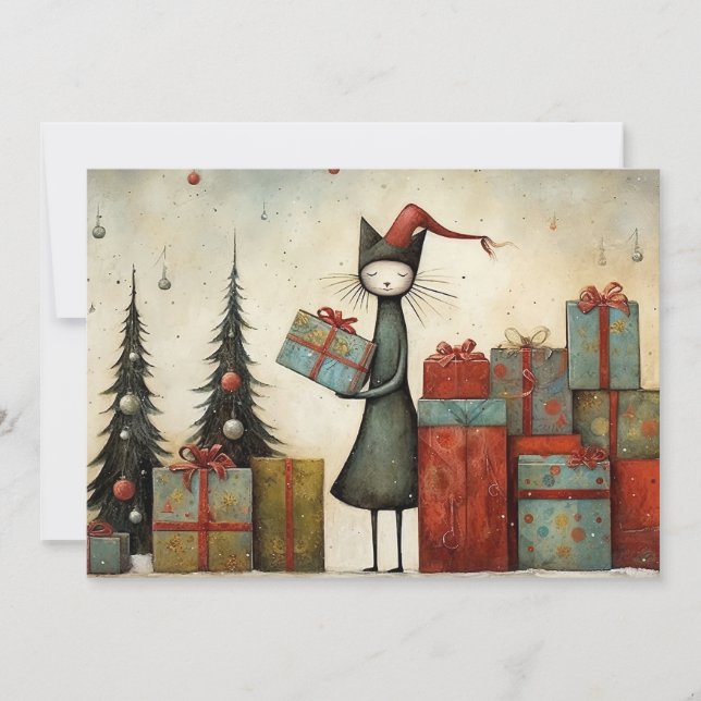 Whimsical Cute Cat with Christmas Gifts and Tree Holiday Card (Front)